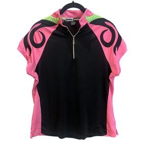 Jamie Sadock Womens Golf Top Pink Black Lime Green Quarter Zip Short Sleeve M